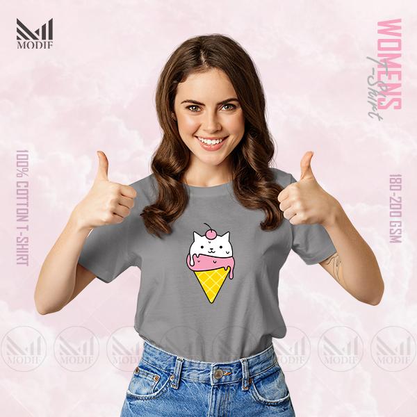 Ice Cream Cat Women Graphic T-Shirt Made With Premium Cotton Unisex Round Neck Short Sleeve