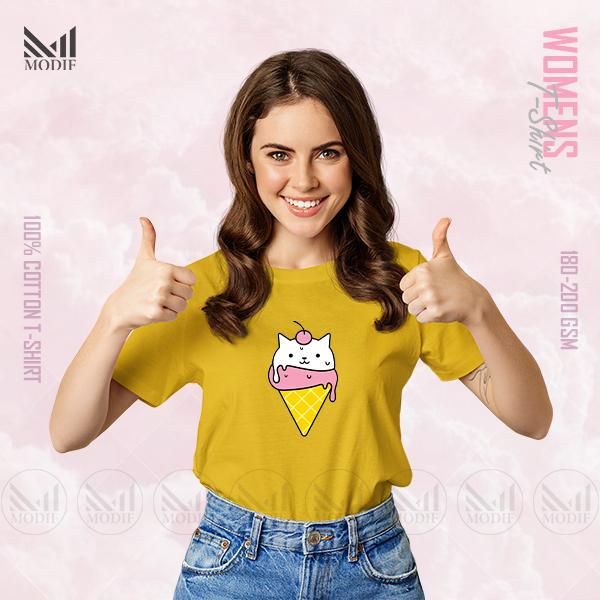 Ice Cream Cat Women Graphic T-Shirt Made With Premium Cotton Unisex Round Neck Short Sleeve