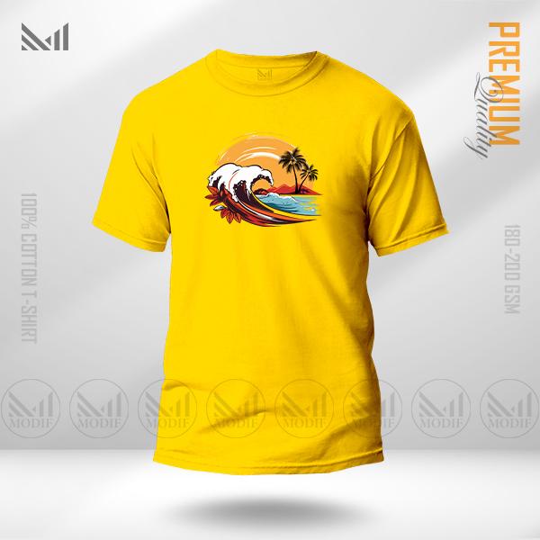 Wave Sunset Graphic T-Shirt – Vibrant Coastal Artwork Design | Premium Cotton | Unisex Round Neck | Short Sleeve